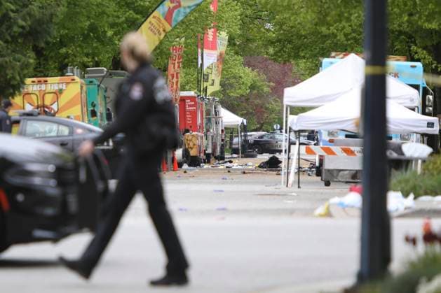 April 28, 2025, Vancouver, Vancouver, Bc, Canada: Police officers working on 41st and Fraser in Vancouver on April 28, 2025, two days after a car drove into a crowd during the Lapu Lapu Festival. Police said a 30-year-old man drove his car into a crowd at a Filipino street festival, killing at least eleven people and injuring multiple others. ( ) Vancouver Canada - ZUMAp175 1061482964st Copyright: xTomazxJr Pximagesx