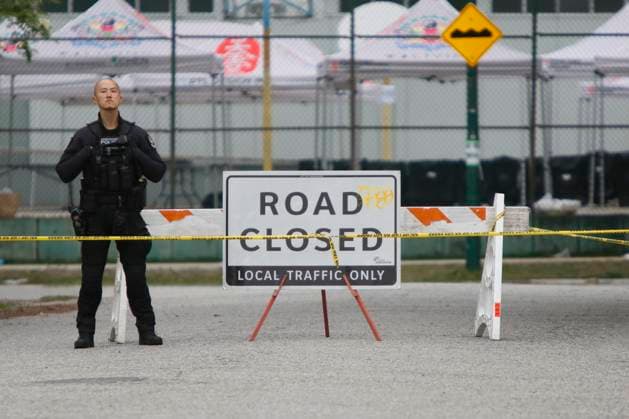 April 28, 2025, Vancouver, Vancouver, Bc, Canada: Police officer working on 41st and Fraser in Vancouver on April 28, 2025, two days after a car drove into a crowd during the Lapu Lapu Festival. Police said a 30-year-old man drove his car into a crowd at a Filipino street festival, killing at least eleven people and injuring multiple others. ( ) Vancouver Canada - ZUMAp175 1061483022st Copyright: xTomazxJr Pximagesx