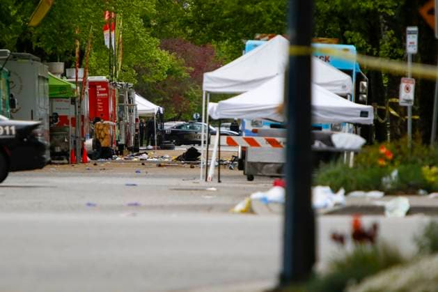 April 28, 2025, Vancouver, Vancouver, Bc, Canada: Police officers working on 41st and Fraser in Vancouver on April 28, 2025, two days after a car drove into a crowd during the Lapu Lapu Festival. Police said a 30-year-old man drove his car into a crowd at a Filipino street festival, killing at least eleven people and injuring multiple others. ( ) Vancouver Canada - ZUMAp175 1061483102st Copyright: xTomazxJr Pximagesx