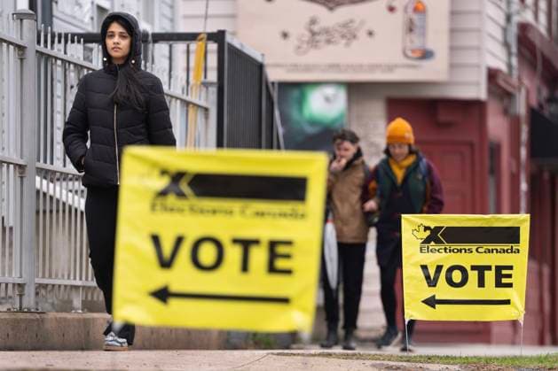 April 28, 2025, Halifax, Ns, Canada: Elections Canada signage is seen as voters arrive at a polling station on Election Day in Halifax on Monday, April 28, 2025. The polls have closed across Atlantic Canada, where Liberal candidates are hoping their party s lead in the latest national polls will be reflected in the ballot boxes. Halifax Canada  - ZUMAc35_ 20250428_zaf_c35_071 Copyright: xDarrenxCalabresex