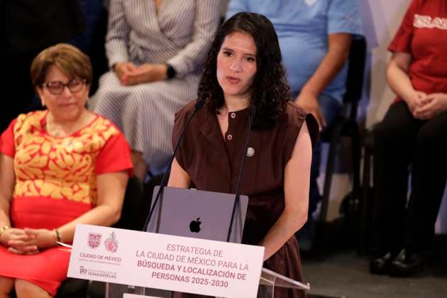 Strategy for Searching and Locating People Presentation Attorney General of Mexico City, Bertha Alcalde Lujan speaks during the presentation of the Mexico City Strategy for Searching and Locating People 2025-2030, at the Colegio de San Ildefonso. on April 28, 2025 in Mexico City, Mexico. (Photo by Luis Barron Eyepix Group) Copyright: xLuisxBarron xEyepixxGroupx LB_28042025_153703