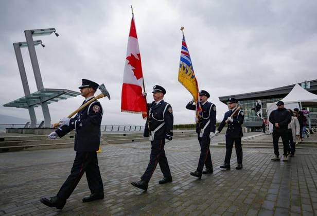 250428 -- VANCOUVER, April 28, 2025 -- Members of the Vancouver Fire and Rescue Department lead the procession during the National Day of Mourning event in Vancouver, British Columbia, Canada, on April 28, 2025. The National Day of Mourning is observed annually in Canada on April 28 to commemorate people who have lost their lives, suffered injury or illness on the job, or experienced a work-related tragedy, and to raise awareness of health and safety in the workplace. Photo by Xinhua CANADA-VANCOUVER-NATIONAL DAY OF MOURNING LiangxSen  CANADA-VANCOUVER-NATIONAL DAY OF MOURNING IMAGO LiangxSen  imago images 1061492877