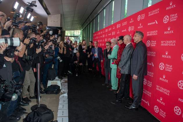 April 28, 2025, New York, United States: (L-R) Mikhail Baryshnikov, Pedro Almodovar, Rossy de Palma, John Waters and John Turturro attend the 50th Chaplin Award Gala at Alice Tully Hall at Lincoln Center. New York United States - ZUMAs197 20250428_aaa_s197_363 Copyright: xRonxAdarx
