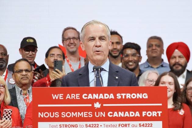 Election in Canada Canadian Prime Minister Mark Carney speaks in the small hours of April 29, 2025, in Ottawa after his Liberal Party won the general election the previous day.  A14AA0004504559P
