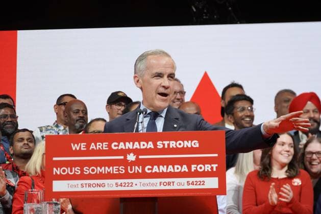 Election in Canada Canadian Prime Minister Mark Carney speaks in the small hours of April 29, 2025, in Ottawa after his Liberal Party won the general election the previous day.  A14AA0004504560P