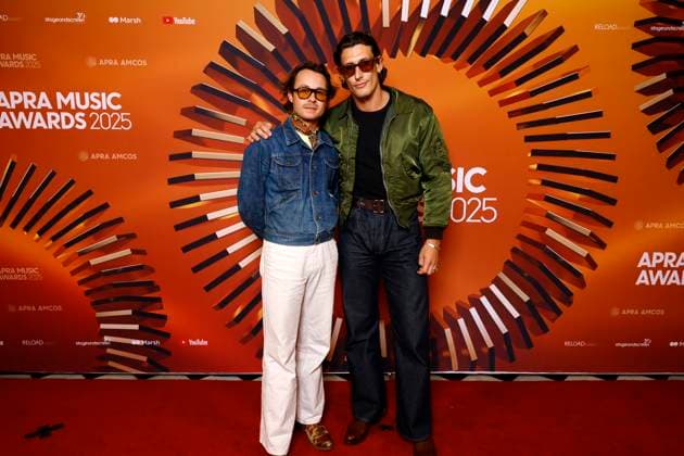 APRA MUSIC AWARDS 2025, (L to R) Nathan Hawes and Don West pose for a photo during the 2025 APRA Music Awards at Melbourne Town Hall in Melbourne, Wednesday, April 30, 2025. ( NO ARCHIVING MELBOURNE VICTORIA AUSTRALIA  Copyright: xCONxCHRONISx 20250430174780662747