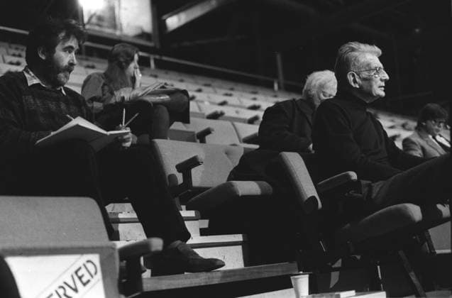 A Sunday Times Picture by Frank Herrmann. Samuel B A Sunday Times Picture by Frank Herrmann. Samuel Beckett, on a visit to London, overseas the rehearsal of one of his plays at the Riverside Theatre, Hammersmith. While he was there, artist Tom Phillips was sketching him. Neg No: X1874A 29.02.1984.  Copyright: xFrankxHerrmannx