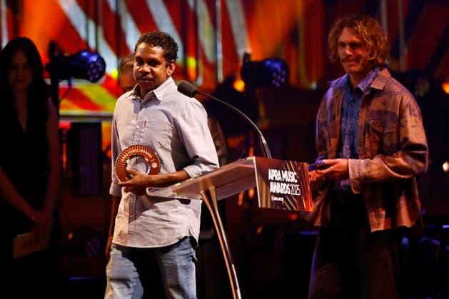 APRA MUSIC AWARDS 2025, A member of King Stingray on stage in winning the Most Performed Rock Work Award during the 2025 APRA Music Awards at Melbourne Town Hall in Melbourne, Wednesday, April 30, 2025. ( NO ARCHIVING MELBOURNE VICTORIA AUSTRALIA  Copyright: xCONxCHRONISx 20250430151232091964