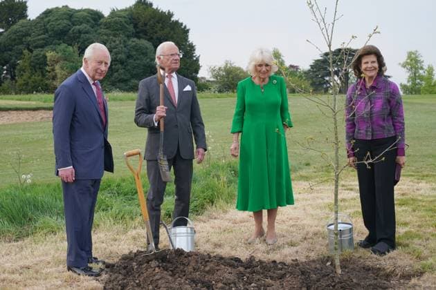 Entertainment Themen der Woche KW18 Entertainment Bilder des Tages . 01 05 2025. Windsor, United Kingdom. King Charles III , Queen Camilla , King Carl XVI Gustaf and Queen Silvia of Sweden, plant a Swedish oak tree in the grounds of Windsor Castle. The tree was gifted by the King of Sweden in celebration of the Coronation of King Charles  xPoolx xi-Imagesx IIM-25913-0003