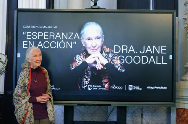 News Bilder des Tages Dr. Jane Goodall presents the conference Hope in Action Dr. Jane Goodall during the presentation of the conference Hope in Action On May 02, 2025, in Malaga Andalusia, Spain The Mayor of Malaga, Francisco de la Torre, together with the Councillor Delegate for Culture and Historical Heritage, Mariana Pineda, the Director General of the Jane Goodall Institute, Federico Bogdanowicz and Dr. Jane Goodall, presents the conference Hope in Action 02 MAY 2025 Á Malaga Andalucia Malaga Andalucia Spain  Copyright: xÃlexxZeax 6692491