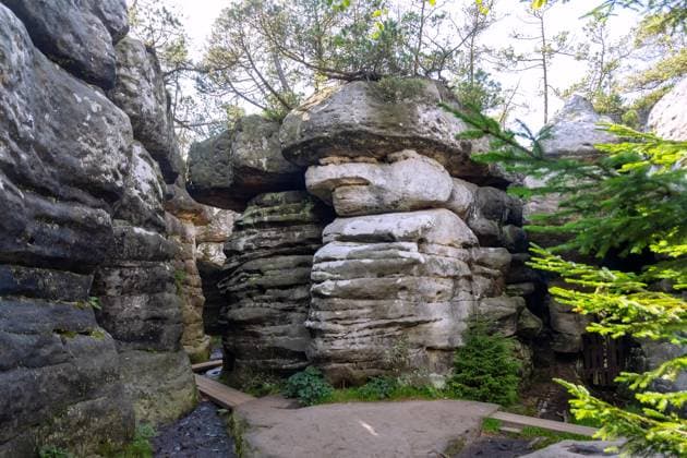 Felsformationen und Plankensteg im Felslabyrinth Bledne Skaly (Bledne Skaly) im Heuscheuergebirge (Góry Stolowe Nationalpark) im Glatzer Bergland in der Woiwodschaft Dolnoslaskie in Polen *** Rock formations and Plank web at Rock labyrinth Bledne skaly Bledne skaly at Hay barn mountains Góry Stolowe National Park at Glatzer Mountainous country in the Voivodship Dolnoslaskie in Poland