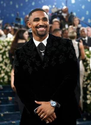 Jalen Hurts arrives on the red carpet at the 2025 Met Gala celebrating the opening of Superfine: Tailoring Black Style at The Metropolitan Museum of Art on Monday, May 5, 2025 in New York City.  NYP20250505146 JOHNxANGELILLO