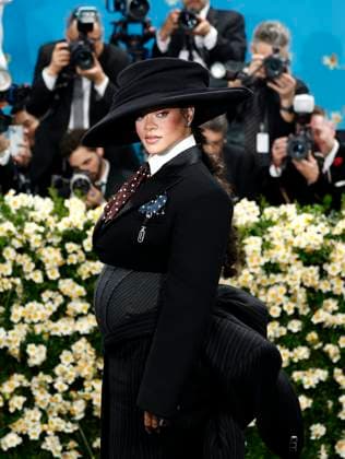 Rihanna arrives on the red carpet at the 2025 Met Gala celebrating the opening of Superfine: Tailoring Black Style at The Metropolitan Museum of Art on Monday, May 5, 2025 in New York City.  NYP20250505160 JOHNxANGELILLO