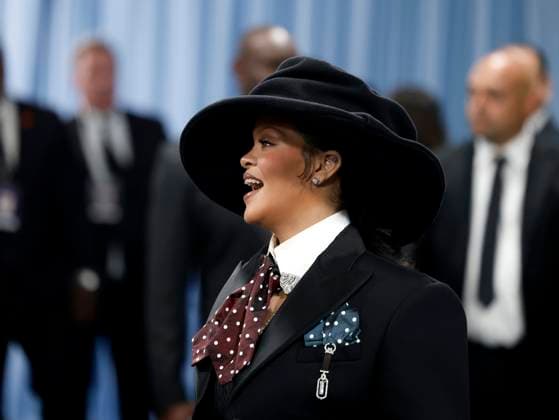 Rihanna arrives on the red carpet at the 2025 Met Gala celebrating the opening of Superfine: Tailoring Black Style at The Metropolitan Museum of Art on Monday, May 5, 2025 in New York City.  NYP20250505169 JOHNxANGELILLO