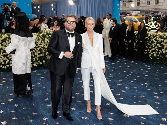 James Corden and Julia Carey arrive on the red carpet at the 2025 Met Gala celebrating the opening of Superfine: Tailoring Black Style at The Metropolitan Museum of Art on Monday, May 5, 2025 in New York City.  NYP20250505537 JOHNxANGELILLO