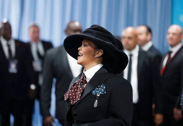 Rihanna arrives on the red carpet at the 2025 Met Gala celebrating the opening of Superfine: Tailoring Black Style at The Metropolitan Museum of Art on Monday, May 5, 2025 in New York City.  NYP20250505905 JOHNxANGELILLO
