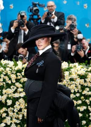 Rihanna arrives on the red carpet at the 2025 Met Gala celebrating the opening of Superfine: Tailoring Black Style at The Metropolitan Museum of Art on Monday, May 5, 2025 in New York City.  NYP20250505906 JOHNxANGELILLO