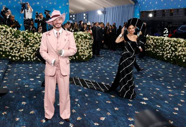 Demi Moore and J Balvin arrive on the red carpet at the 2025 Met Gala celebrating the opening of Superfine: Tailoring Black Style at The Metropolitan Museum of Art on Monday, May 5, 2025 in New York City.  NYP20250505917 JOHNxANGELILLO