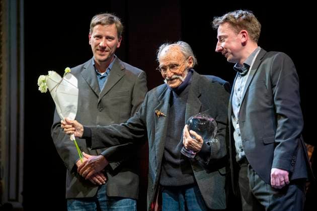 Anifilm 2025 International Festival of Animated Films sterted with opening ceremony at the Saldov Theatre, Liberec, on Tuesday, May 6, 2025. The award for lifetime contribution to animated film was received by animator, painter, graphic designer and typographer Vratislav Hlavaty (middle). The award was presented to him by Anifilm Animation Festival director Tomas Rychecky (left) and programme director Pavel Horacek. (CTKxPhoto RadekxPetrasek) CTKPhotoP2025050608939  CTKPhotoP2025050608939