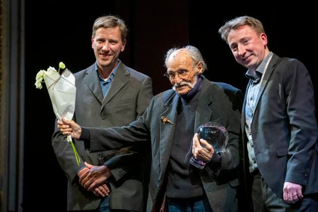 Anifilm 2025 International Festival of Animated Films sterted with opening ceremony at the Saldov Theatre, Liberec, on Tuesday, May 6, 2025. The award for lifetime contribution to animated film was received by animator, painter, graphic designer and typographer Vratislav Hlavaty (middle). The award was presented to him by Anifilm Animation Festival director Tomas Rychecky (left) and programme director Pavel Horacek. (CTKxPhoto RadekxPetrasek) CTKPhotoP2025050608943  CTKPhotoP2025050608943