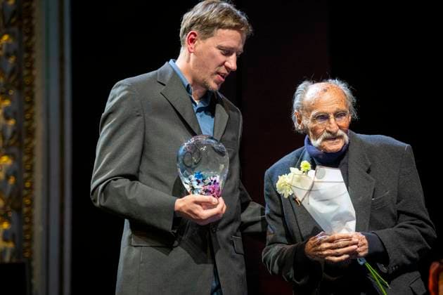 Anifilm 2025 International Festival of Animated Films sterted with opening ceremony at the Saldov Theatre, Liberec, on Tuesday, May 6, 2025. The award for lifetime contribution to animated film was received by animator, painter, graphic designer and typographer Vratislav Hlavaty (middle). The award was presented to him by Anifilm Animation Festival director Tomas Rychecky (left). (CTKxPhoto RadekxPetrasek) CTKPhotoP2025050608948  CTKPhotoP2025050608948