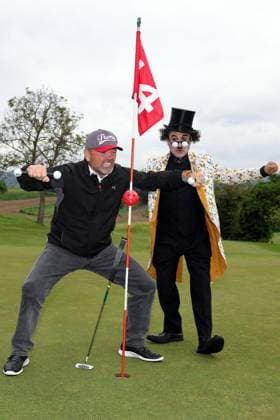 Europa Park Eagles Charity Golfcup 2025 Sven Ottke jokes with Charlie Chaplin Albert de Paris Europa Park Eagles Charity Golfcup 2025 on 05 05 2025 on the 18 hole course of the Europa Park Golfclub Breisgau e V Baden Württemberg, Germany