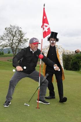 Europa Park Eagles Charity Golfcup 2025 Sven Ottke jokes with Charlie Chaplin Albert de Paris Europa Park Eagles Charity Golfcup 2025 on 05 05 2025 on the 18 hole course of the Europa Park Golfclub Breisgau e V Baden Württemberg, Germany