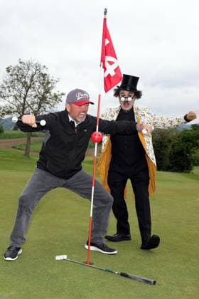 Europa Park Eagles Charity Golfcup 2025 Sven Ottke jokes with Charlie Chaplin Albert de Paris Europa Park Eagles Charity Golfcup 2025 on 05 05 2025 on the 18 hole course of the Europa Park Golfclub Breisgau e V Baden Württemberg, Germany