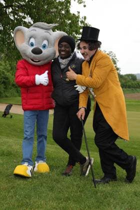 Europa Park Eagles Charity Golfcup 2025 Rita Auma Obama older half-sister of former US President Barack Obama with the Euromouse Charlie Chaplin Albert de Paris Europa Park Eagles Charity Golfcup 2025 on 05 05 2025 on the 18 hole course of the Europa Park Golfclub Breisgau e V Baden Württemberg, Germany