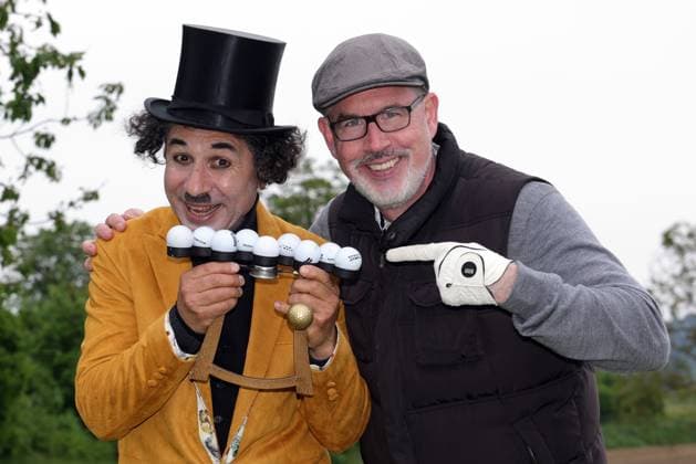 Europa Park Eagles Charity Golfcup 2025 Paul Reeves jokes with Charlie Chaplin Albert de Paris Europa Park Eagles Charity Golfcup 2025 on 05 05 2025 on the 18 hole course of the Europa Park Golfclub Breisgau e V Baden Württemberg, Germany