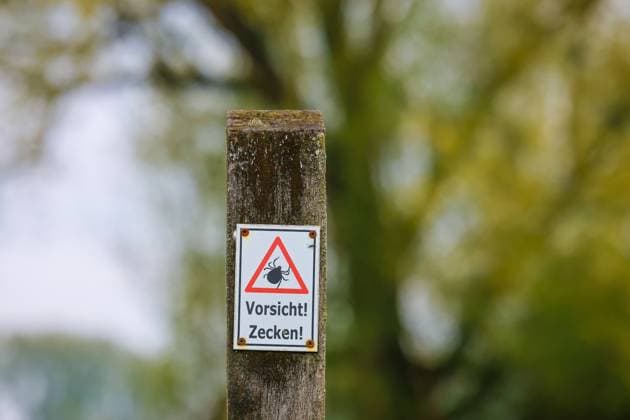 Nordrhein-Westfalen, Deutschland - Vorsicht! Zecken!, Warnhinweis am Wanderweg im Naturschutzgebiet Urdenbacher Kaempe in Duesseldorf Düsseldorf Nordrhein-Westfalen Deutschland *** North Rhine-Westphalia, Germany Caution ticks, warning sign on the hiking trail in the Urdenbacher Kaempe nature reserve in Duesseldorf Düsseldorf North Rhine-Westphalia Germany