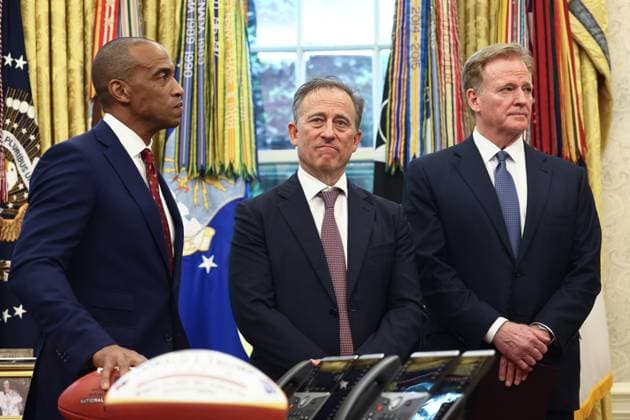 Trump Announces DC Will Host the 2027 NFL Draft United States Secretary of Housing and Urban Development Scott Turner; Josh Harris, Managing Partner, Washington Commanders; and Roger Goodell, Commissioner, National Football League (NFL) listen as US President Donald J Trump announces that DC will host the 2027 NFL draft in the Oval Office of the White House in Washington, DC USA, 05 May 2025. The move comes after the Washington Commanders announced they planned to return to DC in a new stadium built on the site of Robert F Kennedy Stadium.. Credit: Jim LoScalzo Pool via CNP AdMedia Washington District of Columbia United States of America EDITORIAL USE ONLY  Copyright: xx JJL21577-5370460 CNP AdMediax admphotostwo930266