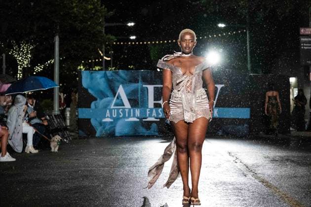 May 8, 2025: A model walks the runway during Austin Fashion Week at Thursdays runway show, Incubate presented by ACC Fashion Incubator at The Domain in Austin, Texas. CSM Austin United States of America - ZUMAc04_ 1061836721st Copyright: xMarioxCantux
