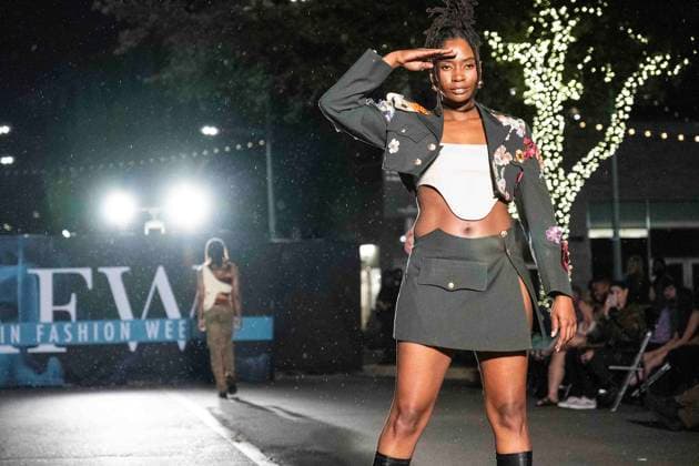 May 8, 2025: A model walks the runway during Austin Fashion Week at Thursdays runway show, Incubate presented by ACC Fashion Incubator at The Domain in Austin, Texas. CSM Austin United States of America - ZUMAc04_ 1061836722st Copyright: xMarioxCantux