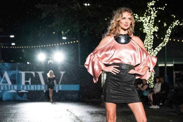 May 8, 2025: A model walks the runway during Austin Fashion Week at Thursdays runway show, Incubate presented by ACC Fashion Incubator at The Domain in Austin, Texas. CSM Austin United States of America - ZUMAc04_ 1061836735st Copyright: xMarioxCantux