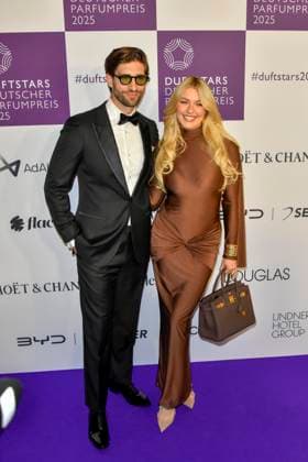 Paulina Kurka Deml and Philip Deml as guests on the blue carpet at the Fragrance Foundations Duftstars 2025 German Perfume Award ceremony at the Rheinterrassen on 08 05 2025 Duesseldorf NRW Germany