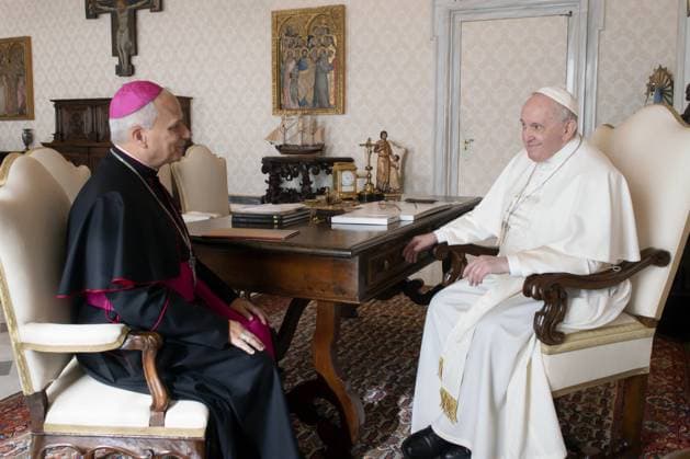 Italy, Rome, Vatican City, 12 February, 2022 - Pope Francis receives Monsignor Robert Francis Prevost in audience Italy, Rome, Vatican City, 12 February, 2022 : Pope Francis receives Monsignor Robert Francis Prevost in audience., Credit:Romano Siciliani Avalon Italy, Rome  Copyright: xRomanoxSicilianix xAvalonx 0997020020