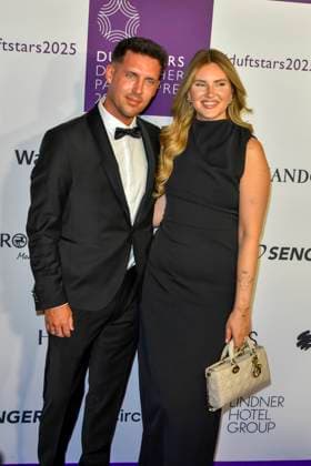 Tobias and Maren Wolf, guests on the blue carpet at the Fragrance Foundations Duftstars 2025 German Perfume Award ceremony at the Rheinterrassen on 08 05 2025 Duesseldorf NRW Germany