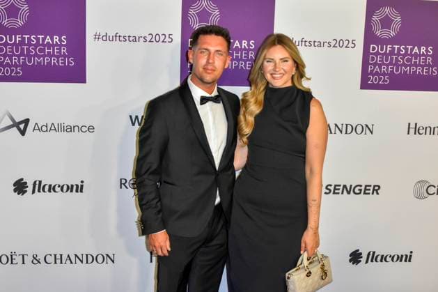 Tobias and Maren Wolf, guests on the blue carpet at the Fragrance Foundations Duftstars 2025 German Perfume Award ceremony at the Rheinterrassen on 08 05 2025 Duesseldorf NRW Germany