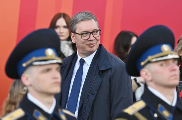 President of Russia Vladimir Putin and foreign leaders at military parade marking 80th anniversary of Victory 8919790 09.05.2025 Serbian President Aleksandar Vucic on Red Square in Moscow before the military parade to mark the 80th anniversary of Victory. On May 9, Russia celebrates the 80th anniversary of Victory in the Great Patriotic War of 1941-1945. Crediting the source in the following order photographer s name Host photo agency RIA Novosti is mandatory when using the photo Ilya Pitalev Host photo agency RIA Novosti Moscow Russia  Copyright: xIlyaxPitalevx