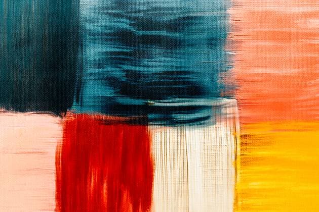 A dynamic abstract painting features vibrant brushstrokes in bold colors, blending seamlessly with textured patterns. The composition exudes energy and modern artistry. Model Released MarcosOsorio_ID28460_837785_006 Copyright: xMarcosxOsoriox RECORD DATE NOT STATED