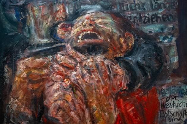 Painting Picture End Art Art Culture 09 05 2025 Leipzig Museum of Fine Arts Cabinet Exhibition Bernhard Heisig Birthday Still Life with Icarus on his 100th Birthday Detail ¦the army could no longer evade responsibility¦ Chile 12 September 1973 Gerhard Heisig Leipzig GER