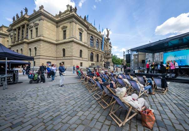 A new feature of the 80th edition of the Prague Spring International Music Festival is the outdoor zone on the right bank of the Vltava River near the Rudolfinum concert hall in the city centre. The scene in front of the Rudolfinum will offer a free programme open to the public on May 11, 2025, (on the photo is Kalabis Quintet concert) and 12, culminating in a live broadcast of the opening concert from the Smetana Hall of the Municipal House. (CTKxPhoto MichaelaxRihova) CTKPhotoP2025051104141  CTKPhotoP2025051104141