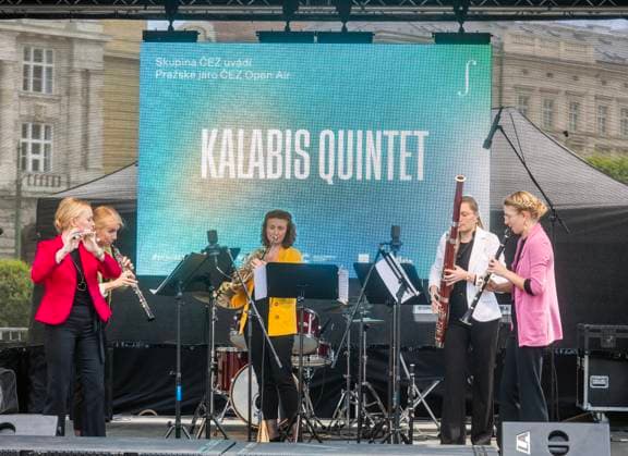 A new feature of the 80th edition of the Prague Spring International Music Festival is the outdoor zone on the right bank of the Vltava River near the Rudolfinum concert hall in the city centre. The scene in front of the Rudolfinum will offer a free programme open to the public on May 11, 2025, (on the photo is Kalabis Quintet concert) and 12, culminating in a live broadcast of the opening concert from the Smetana Hall of the Municipal House. (CTKxPhoto MichaelaxRihova) CTKPhotoP2025051104153  CTKPhotoP2025051104153