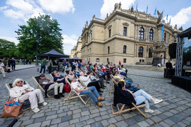 A new feature of the 80th edition of the Prague Spring International Music Festival is the outdoor zone on the right bank of the Vltava River near the Rudolfinum concert hall in the city centre. The scene in front of the Rudolfinum will offer a free programme open to the public on May 11, 2025, (on the photo is Kalabis Quintet concert) and 12, culminating in a live broadcast of the opening concert from the Smetana Hall of the Municipal House. (CTKxPhoto MichaelaxRihova) CTKPhotoP2025051104169  CTKPhotoP2025051104169