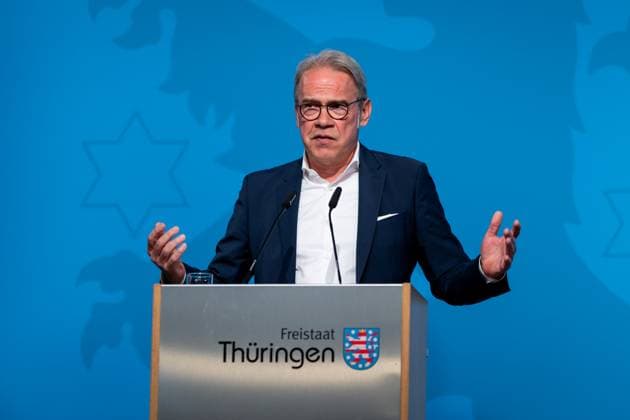 GOVERNMENT MEDIA CONFERENCE OF THE THURIAN STATE GOVERNMENT 13 05 2025 Erfurt The Thuringian Minister of the Interior Georg Maier SPD at the government media conference of the Thuringian state government on May 13, 2025 at Haus Dacheröden in Erfurt