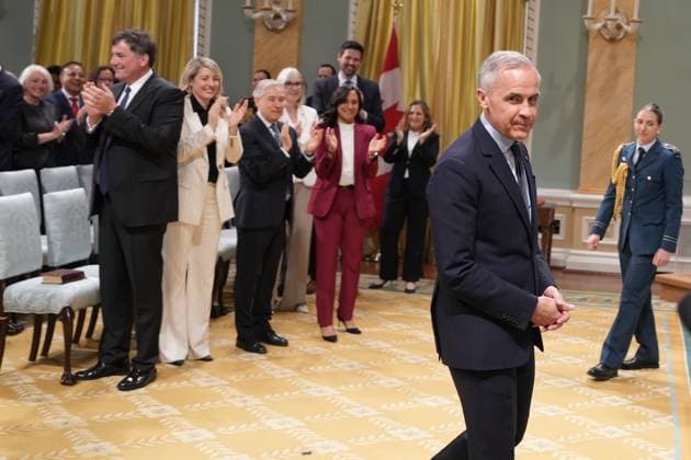 May 13, 2025, Ottawa, On, CANADA: Canadian Prime Minister Mark Carney, right, arrives for the cabinet swearing-in ceremony at Rideau Hall in Ottawa on Tuesday, May 13, 2025. Ottawa CANADA  - ZUMAc35_ 20250513_zaf_c35_048 Copyright: xChristinnexMuschix