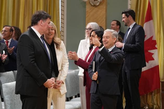 May 13, 2025, Ottawa, On, CANADA: Francois-Philippe Champagne gives the thumbs up as Dominic LeBlance, left, and Melanie Joly look on at the cabinet swearing-in ceremony at Rideau Hall in Ottawa on Tuesday, May 13, 2025. Ottawa CANADA  - ZUMAc35_ 20250513_zaf_c35_052 Copyright: xChristinnexMuschix
