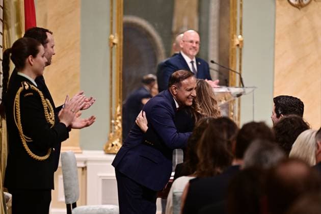 May 13, 2025, Ottawa, On, Canada: President of the Treasury Board Shafqat Ali hugs Chrystia Freeland during a cabinet swearing-in ceremony at Rideau Hall in Ottawa on Tuesday, May 13, 2025. Ottawa Canada  - ZUMAc35_ 20250513_zaf_c35_094 Copyright: xSpencerxColbyx