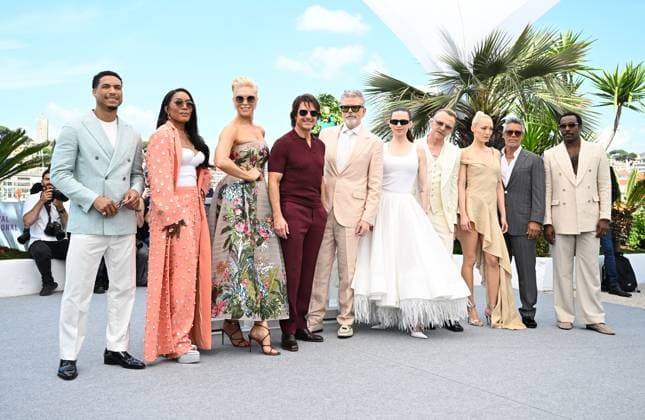 French actress Pom Klementieff, American actress Angela Bassett, actors Tom Cruise, Greg Tarzan Davis, Tarmell Tillman, Esai Morales, director Christopher McQuarrie, British actor Simon Pegg, actresses Hayley Atwell and Hannah Waddingham attend the photo call for Mission: Impossible- The Final Reckoning at the 78th Cannes Film Festival in Cannes, France on Wednesday May 14, 2025.  CAN20250514116 RUNExHELLESTAD